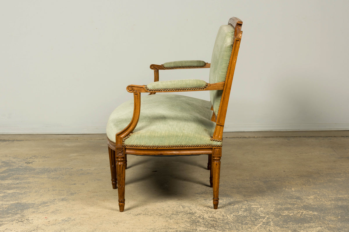 18th Century French Louis XVI Walnut Settee with Celadon Velvet