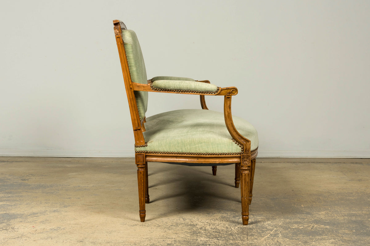 18th Century French Louis XVI Walnut Settee with Celadon Velvet