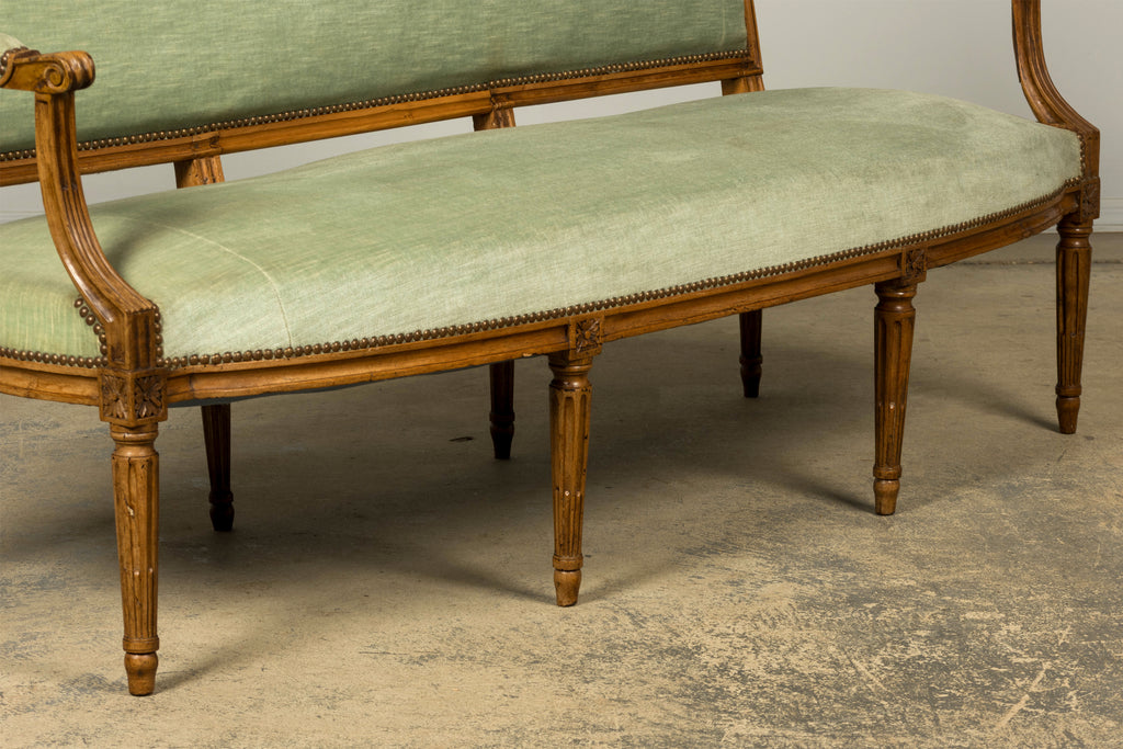 18th Century French Louis XVI Walnut Settee with Celadon Velvet