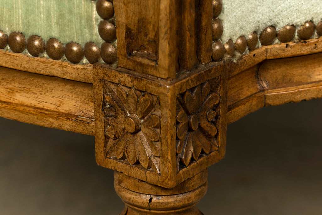 18th Century French Louis XVI Walnut Settee with Celadon Velvet