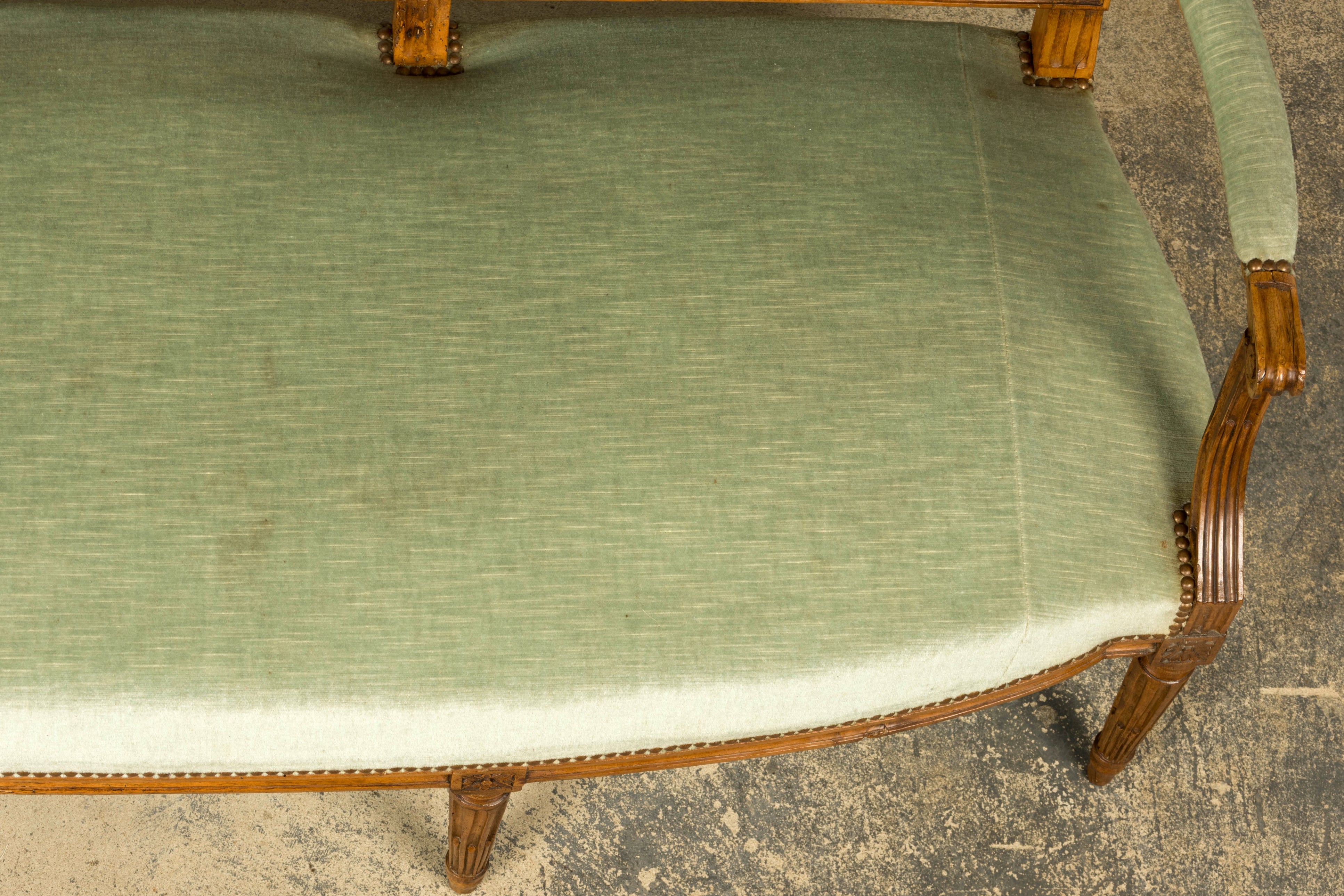 18th Century French Louis XVI Walnut Settee with Celadon Velvet