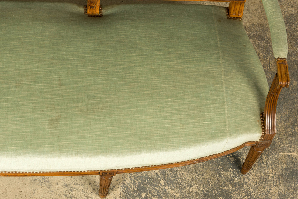 18th Century French Louis XVI Walnut Settee with Celadon Velvet