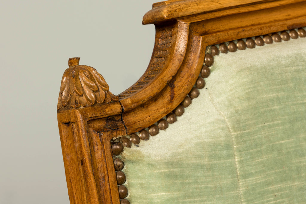 18th Century French Louis XVI Walnut Settee with Celadon Velvet