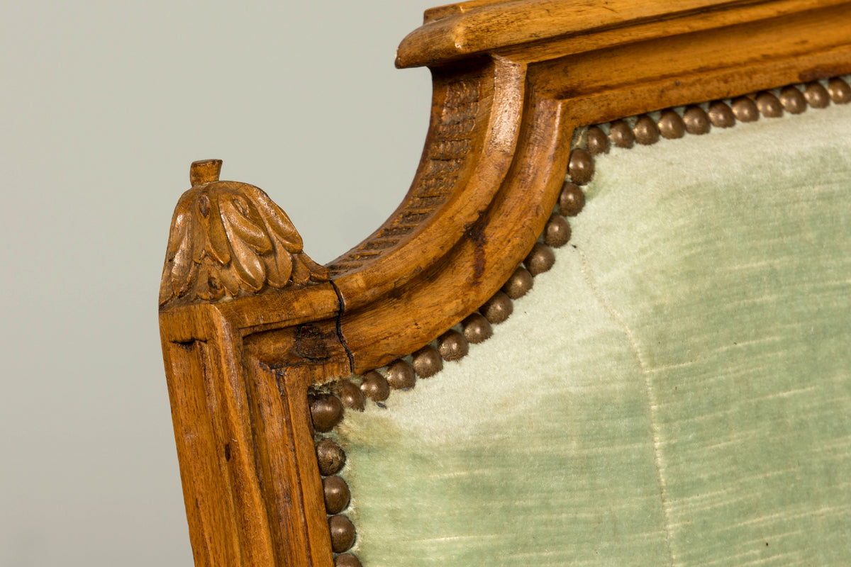 18th Century French Louis XVI Walnut Settee with Celadon Velvet
