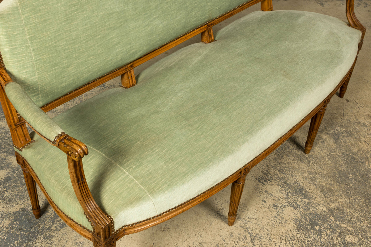18th Century French Louis XVI Walnut Settee with Celadon Velvet