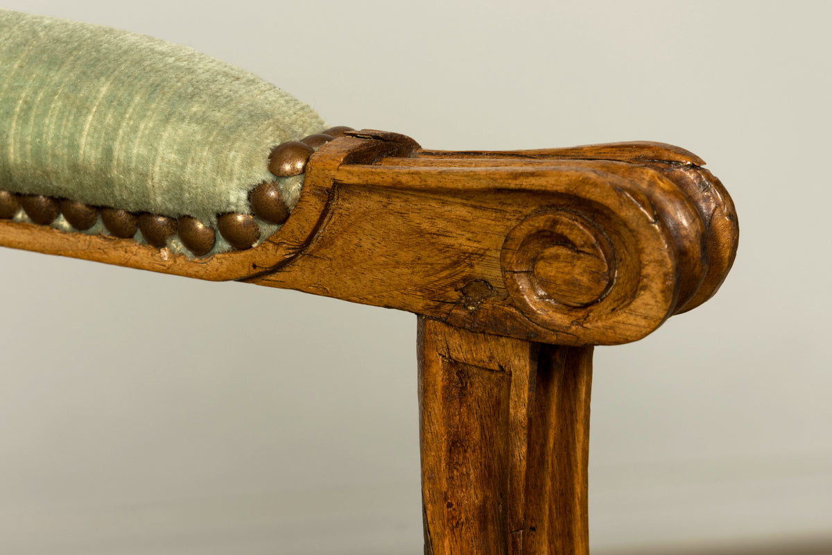 18th Century French Louis XVI Walnut Settee with Celadon Velvet