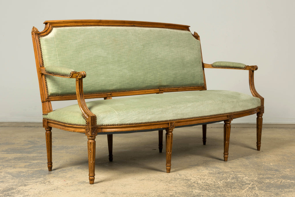 18th Century French Louis XVI Walnut Settee with Celadon Velvet