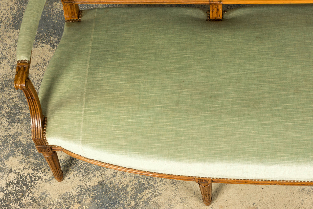 18th Century French Louis XVI Walnut Settee with Celadon Velvet
