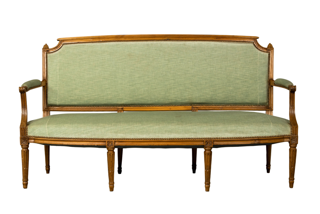 18th Century French Louis XVI Walnut Settee with Celadon Velvet