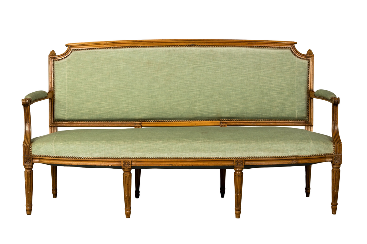 18th Century French Louis XVI Walnut Settee with Celadon Velvet