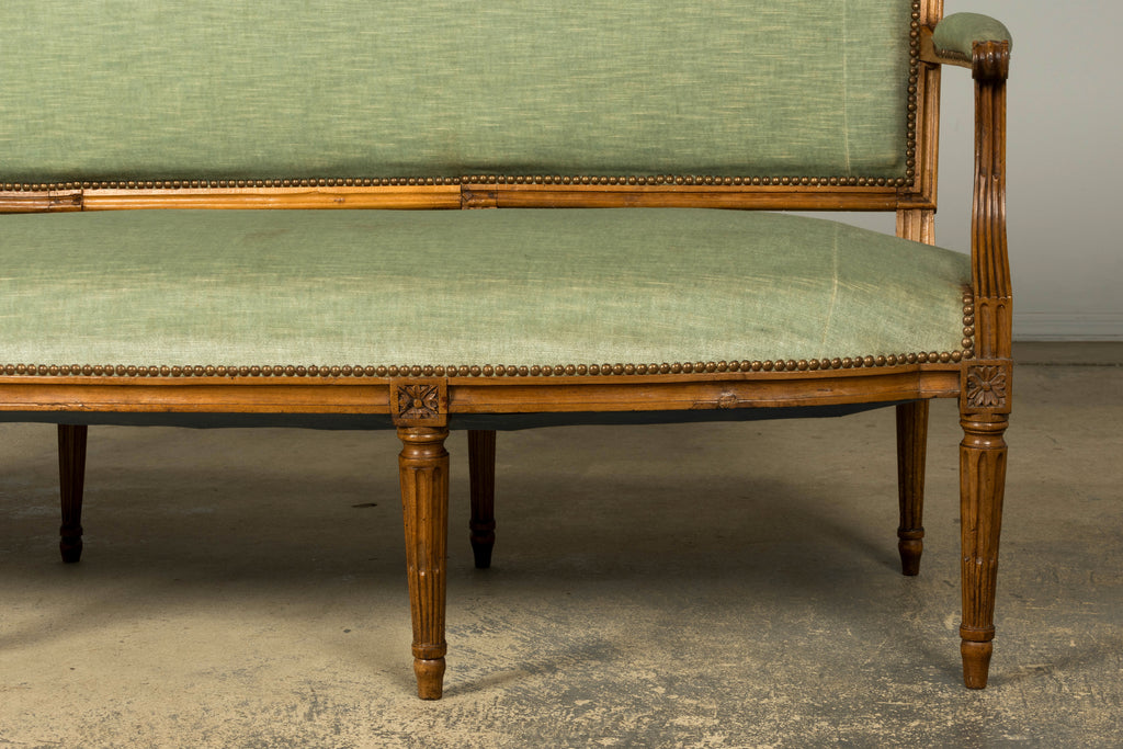18th Century French Louis XVI Walnut Settee with Celadon Velvet