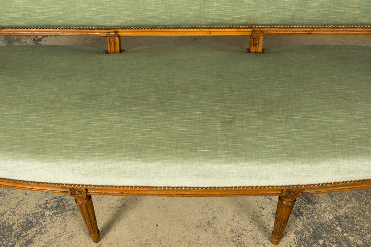 18th Century French Louis XVI Walnut Settee with Celadon Velvet