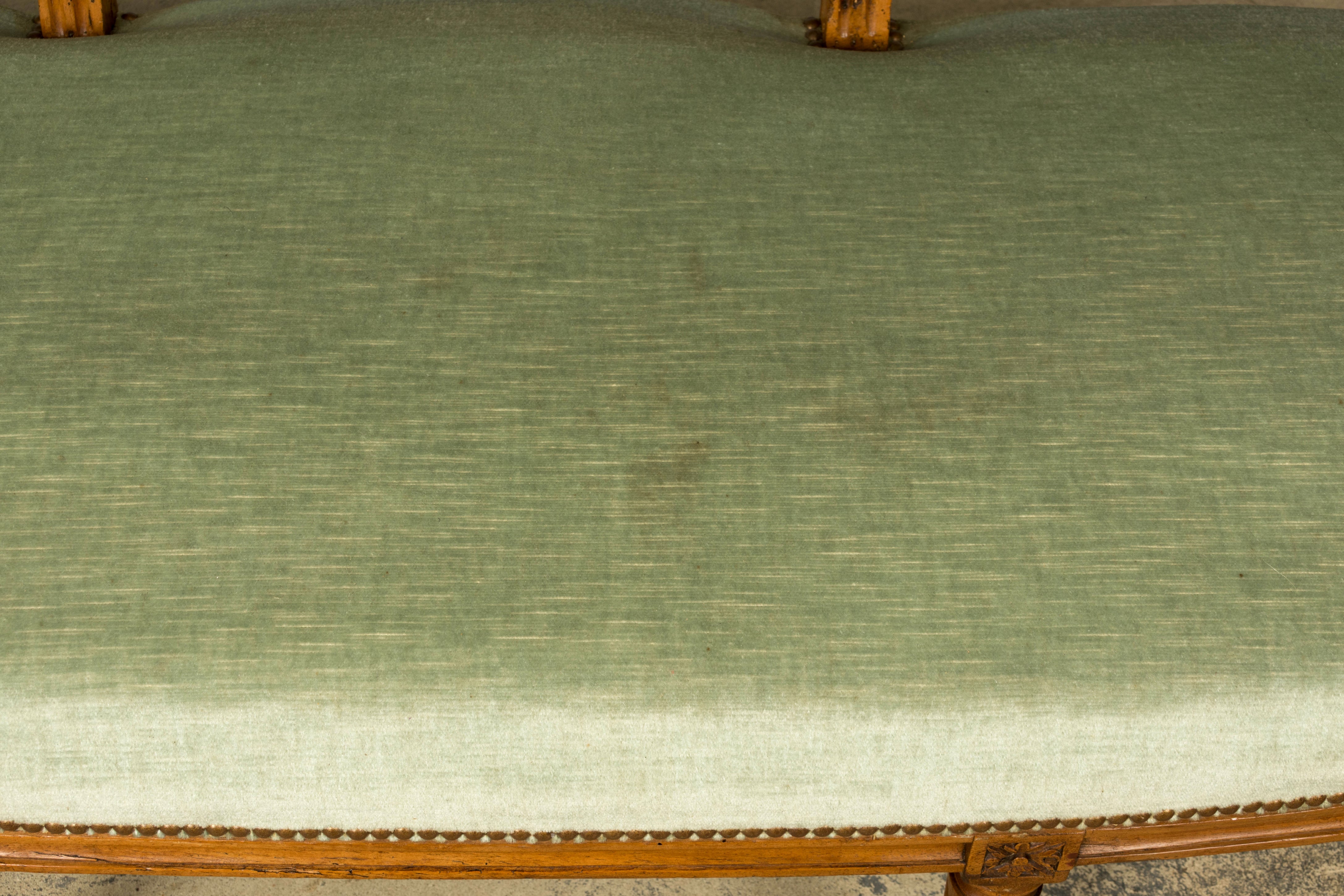 18th Century French Louis XVI Walnut Settee with Celadon Velvet