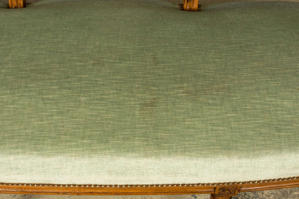 18th Century French Louis XVI Walnut Settee with Celadon Velvet