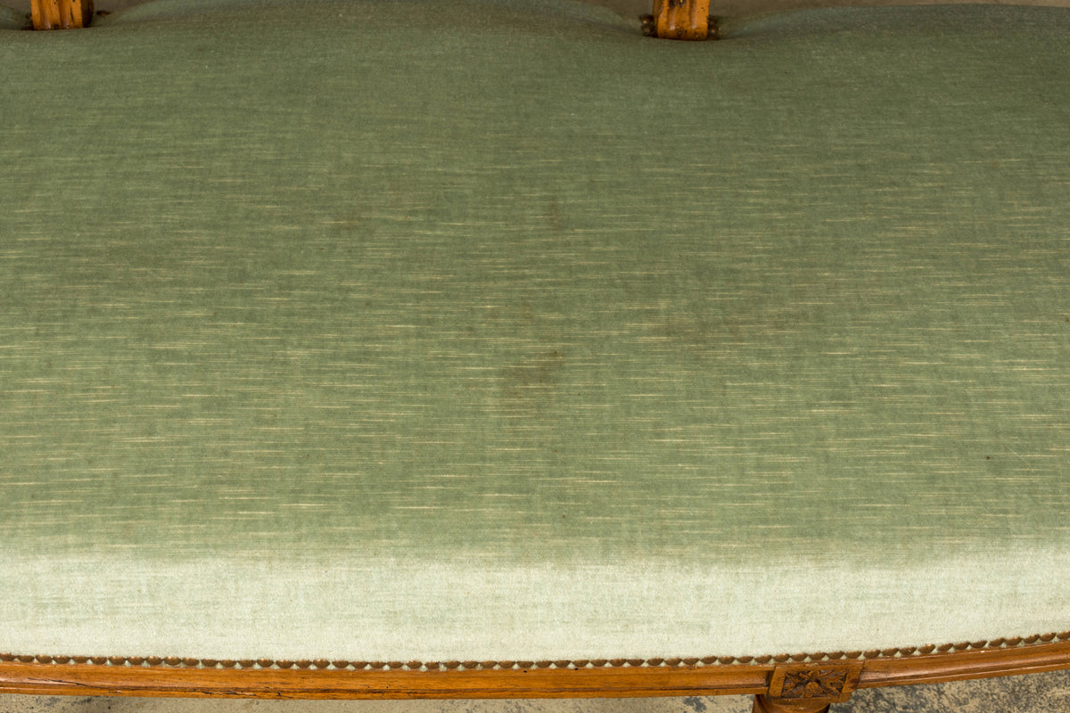 18th Century French Louis XVI Walnut Settee with Celadon Velvet