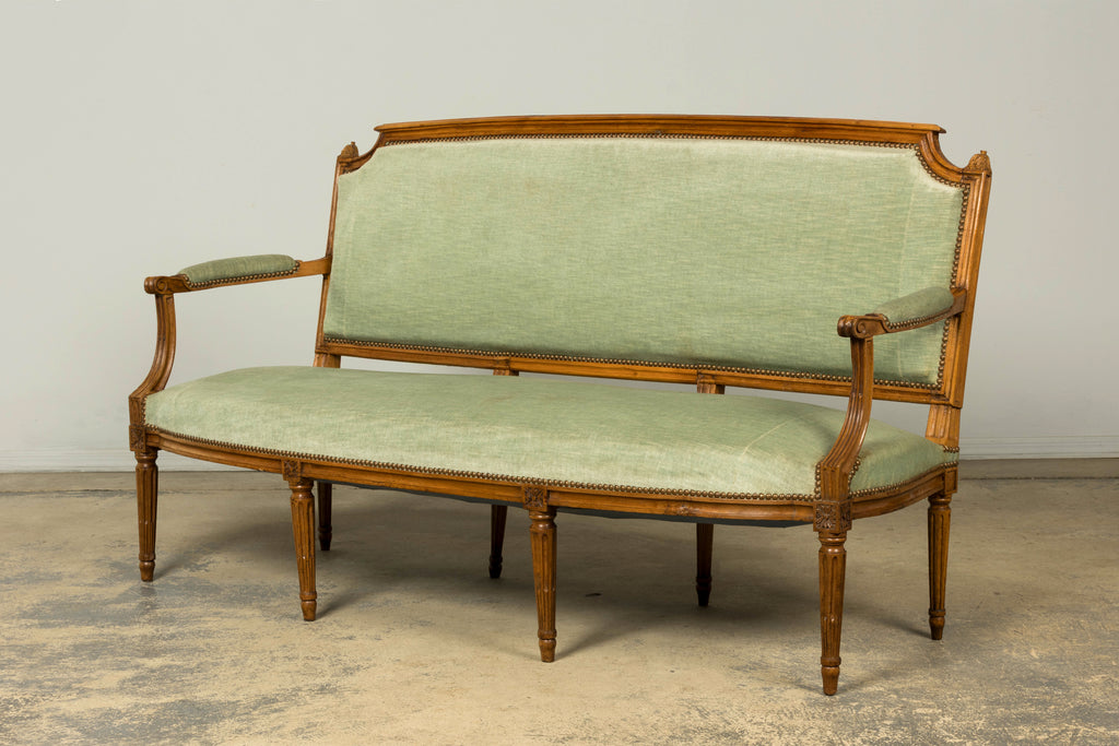 18th Century French Louis XVI Walnut Settee with Celadon Velvet