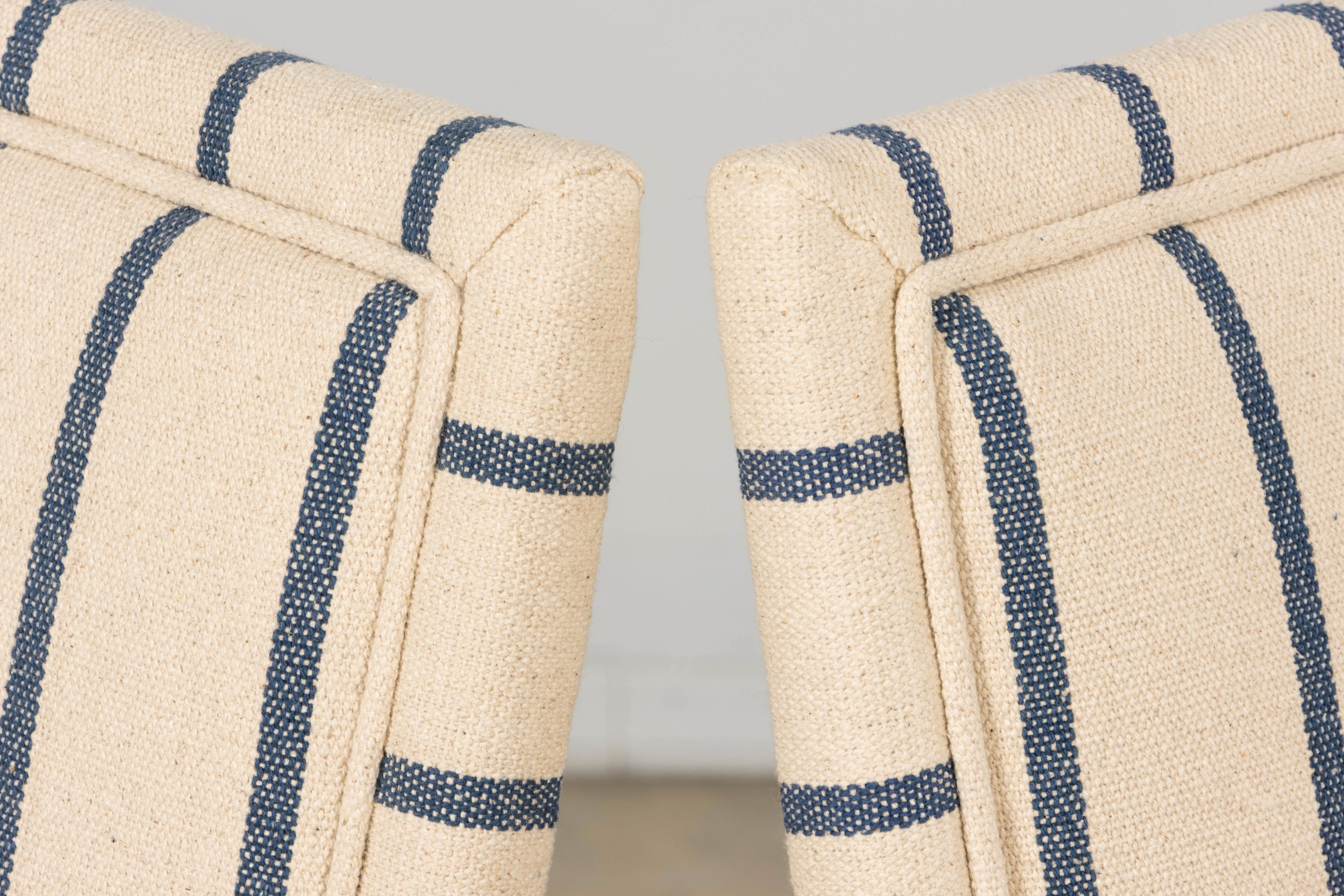 Late 19th Century French Louis XIII Dining Chairs in Blue Striped Jacquard, Set of 12