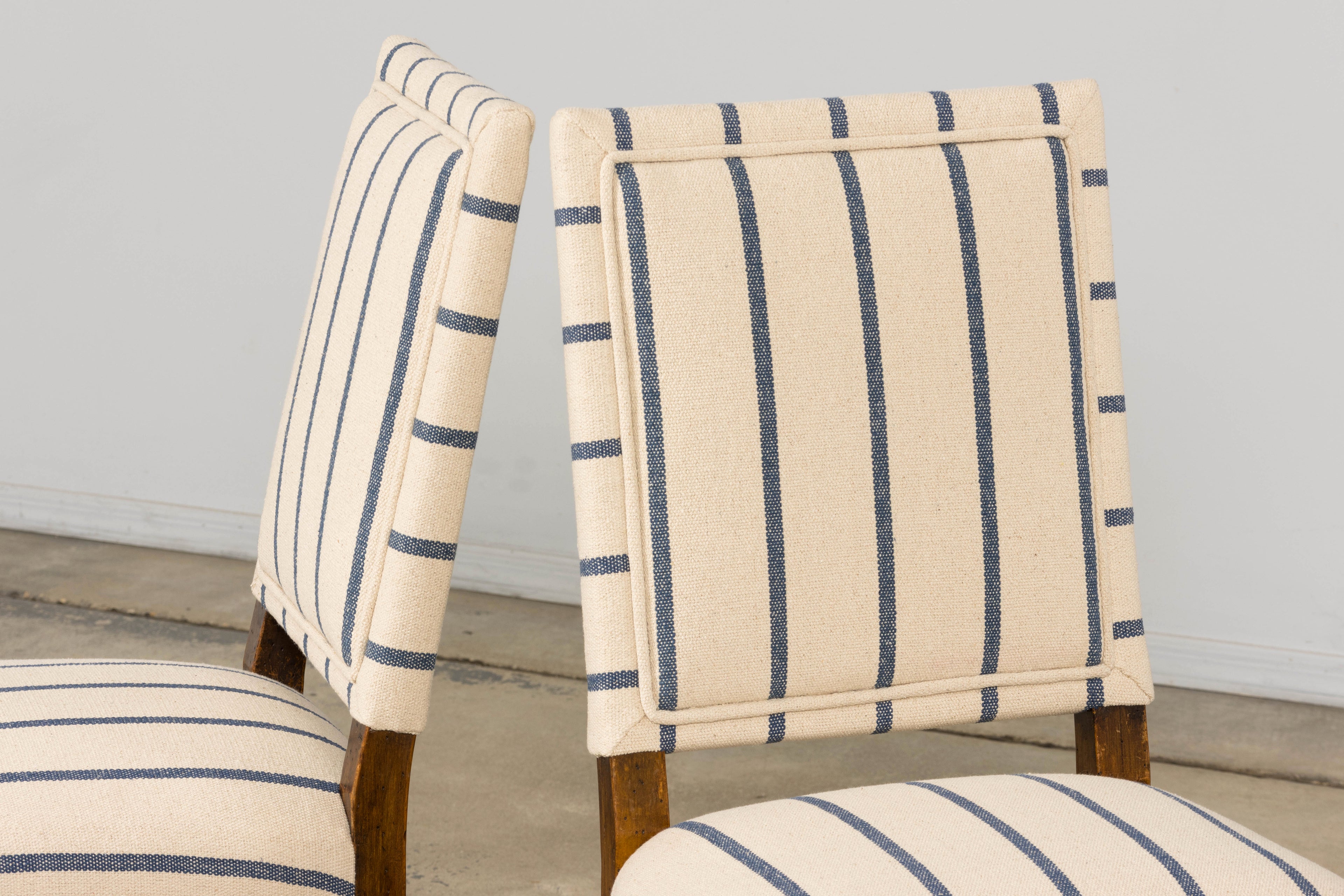 Late 19th Century French Louis XIII Dining Chairs in Blue Striped Jacquard, Set of 12