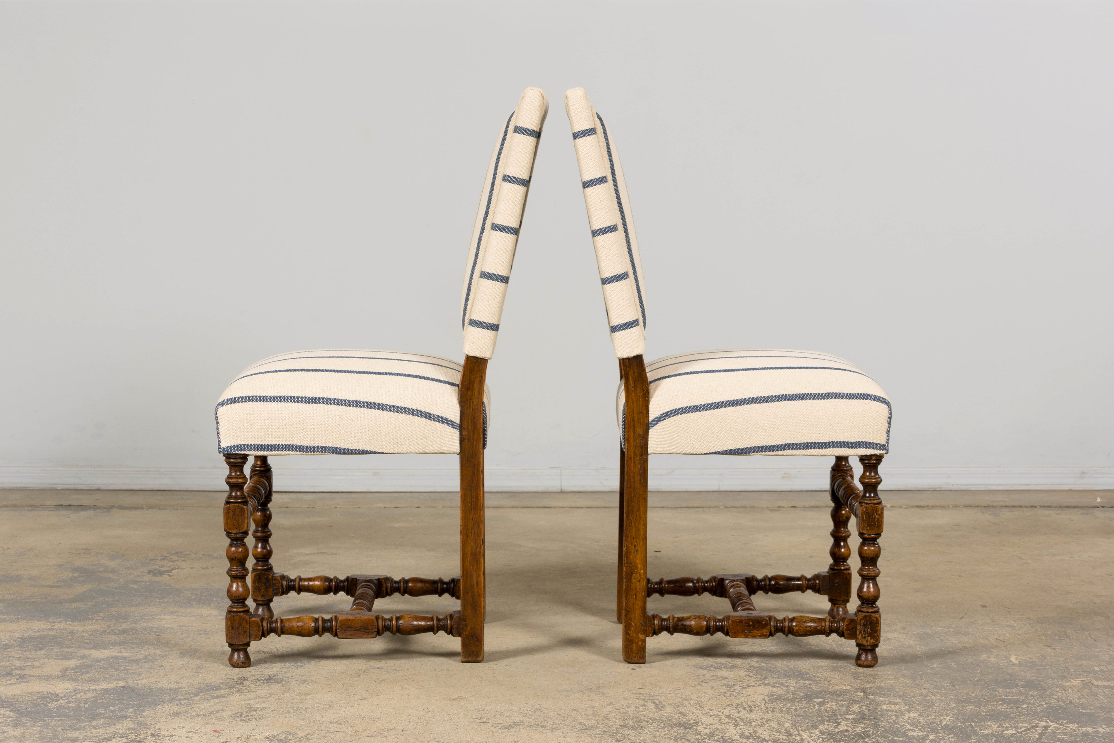 Late 19th Century French Louis XIII Dining Chairs in Blue Striped Jacquard, Set of 12