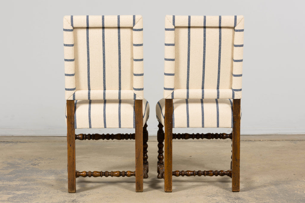 Late 19th Century French Louis XIII Dining Chairs in Blue Striped Jacquard, Set of 12
