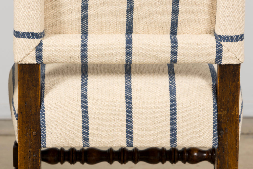Late 19th Century French Louis XIII Dining Chairs in Blue Striped Jacquard, Set of 12