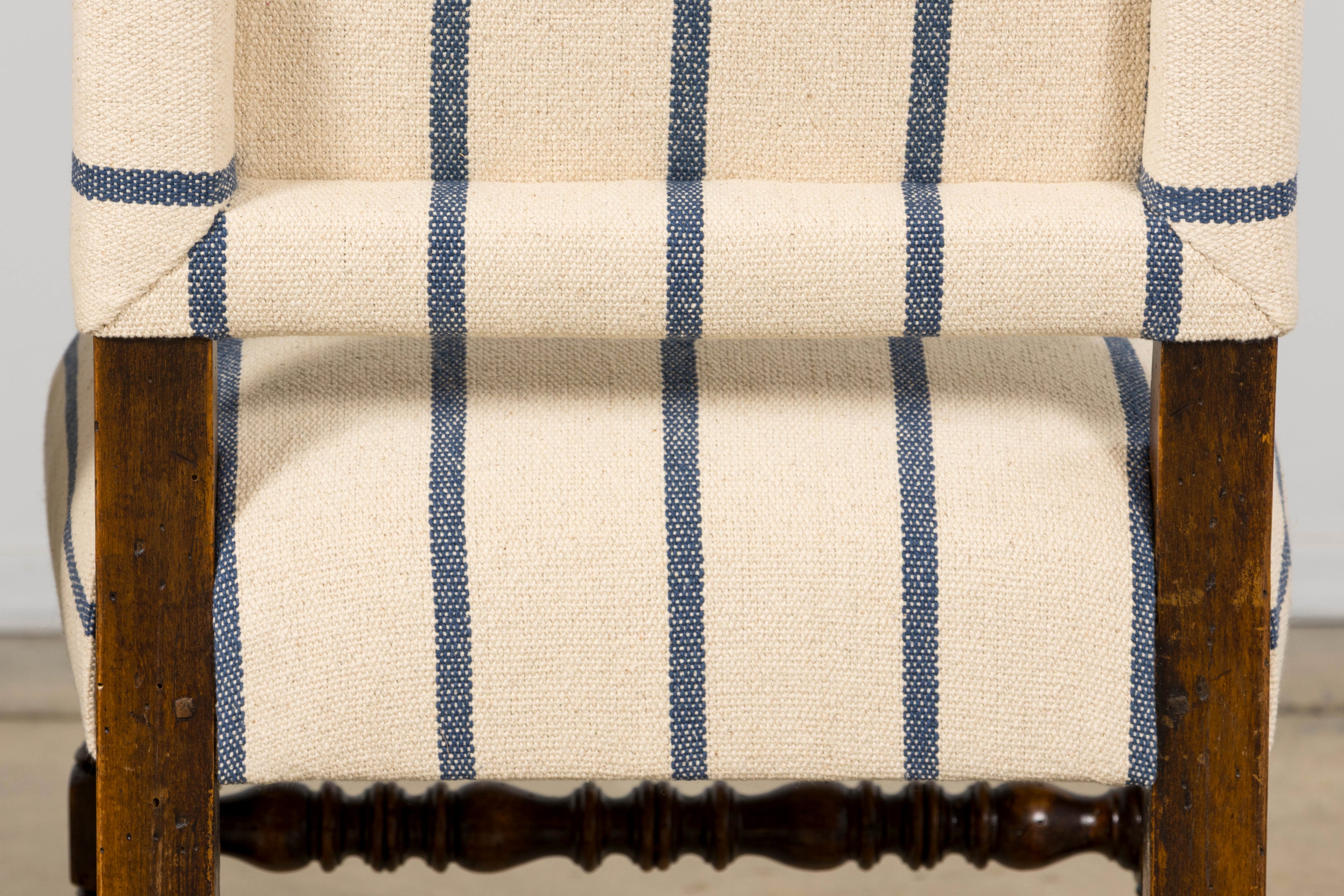 Late 19th Century French Louis XIII Dining Chairs in Blue Striped Jacquard, Set of 12