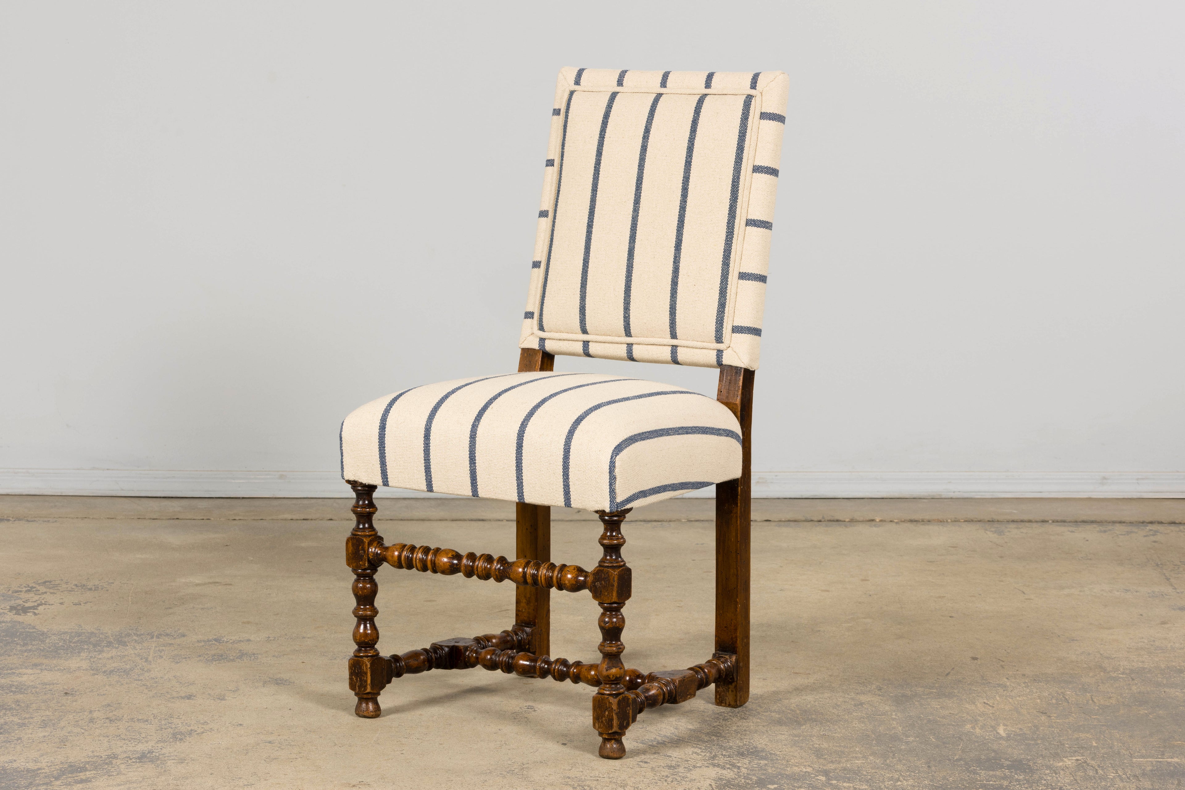 Late 19th Century French Louis XIII Dining Chairs in Blue Striped Jacquard, Set of 12