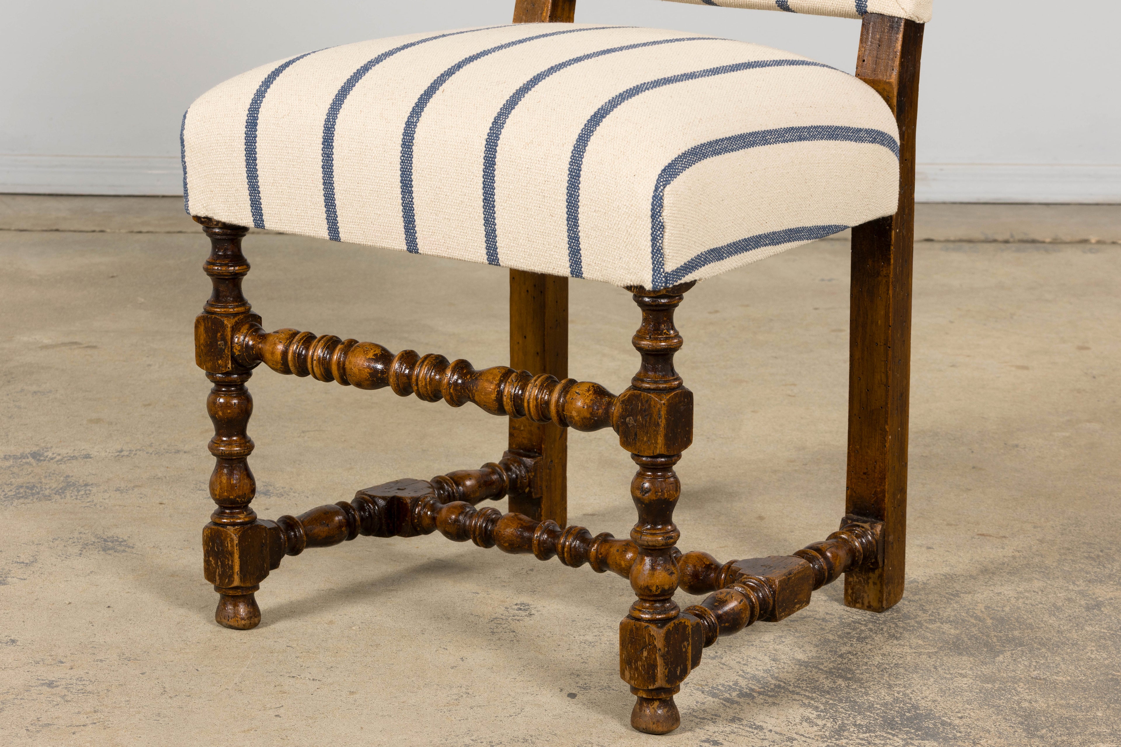 Late 19th Century French Louis XIII Dining Chairs in Blue Striped Jacquard, Set of 12