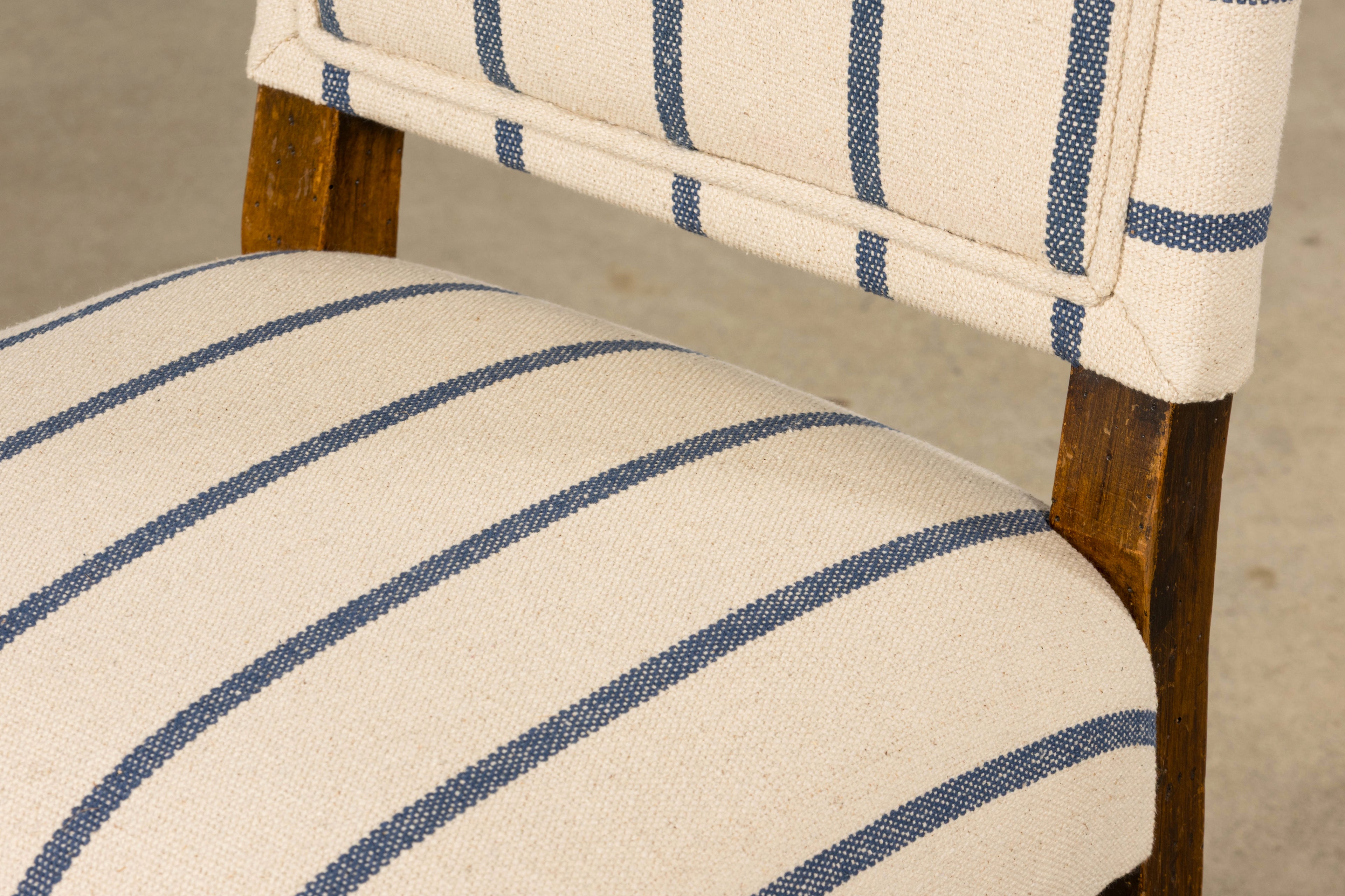 Late 19th Century French Louis XIII Dining Chairs in Blue Striped Jacquard, Set of 12