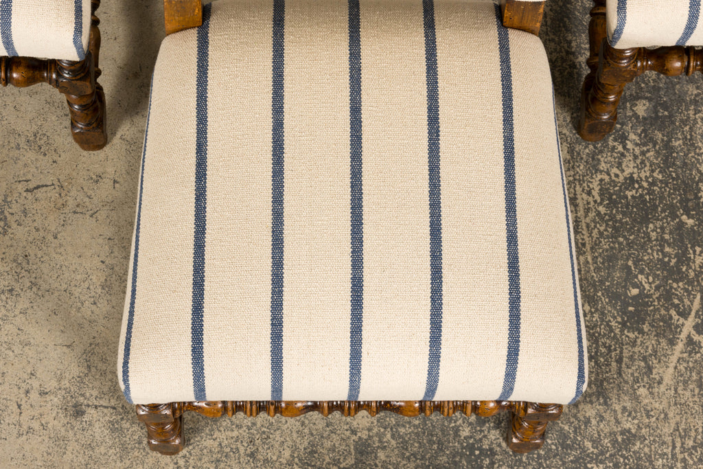 Late 19th Century French Louis XIII Dining Chairs in Blue Striped Jacquard, Set of 12