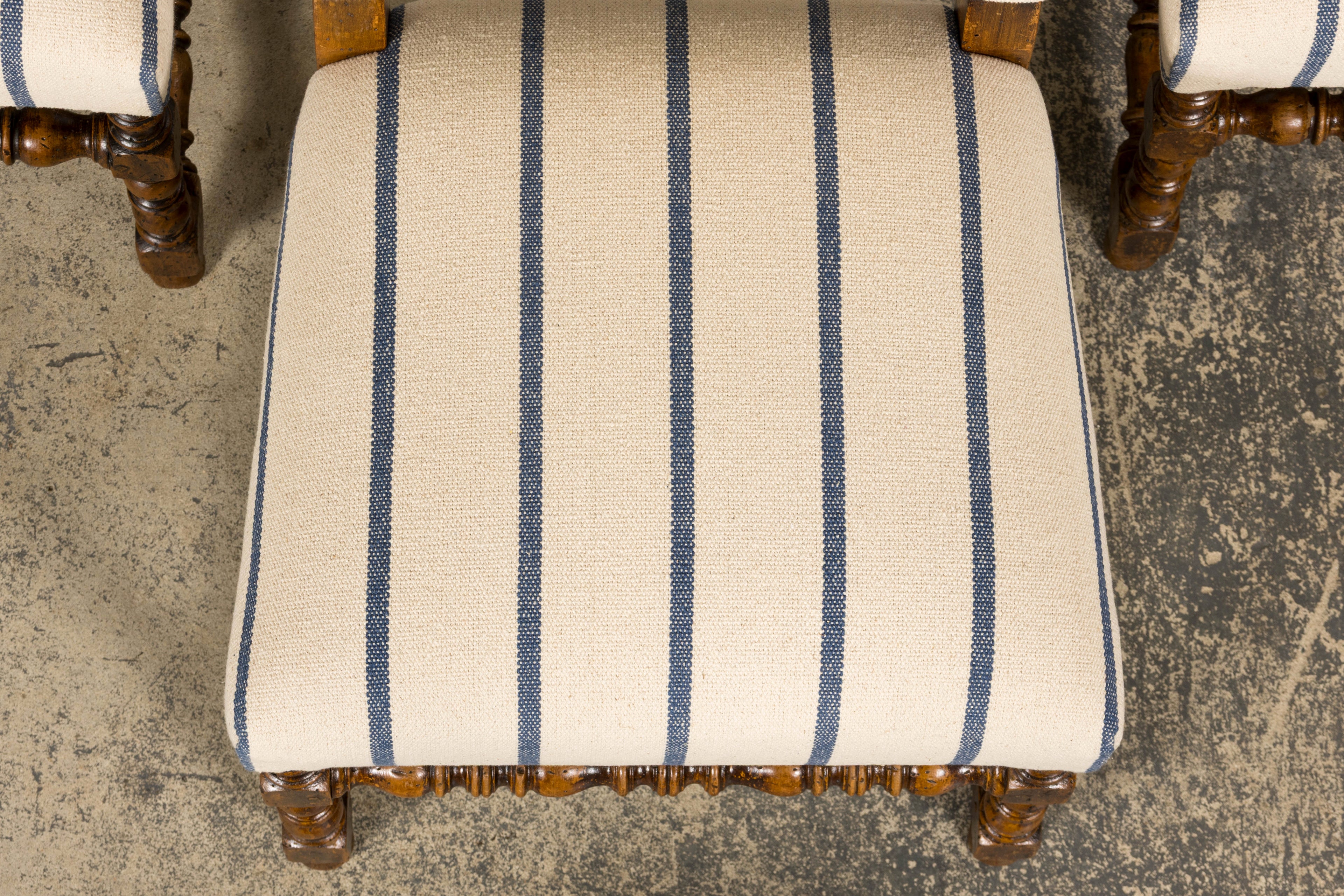 Late 19th Century French Louis XIII Dining Chairs in Blue Striped Jacquard, Set of 12