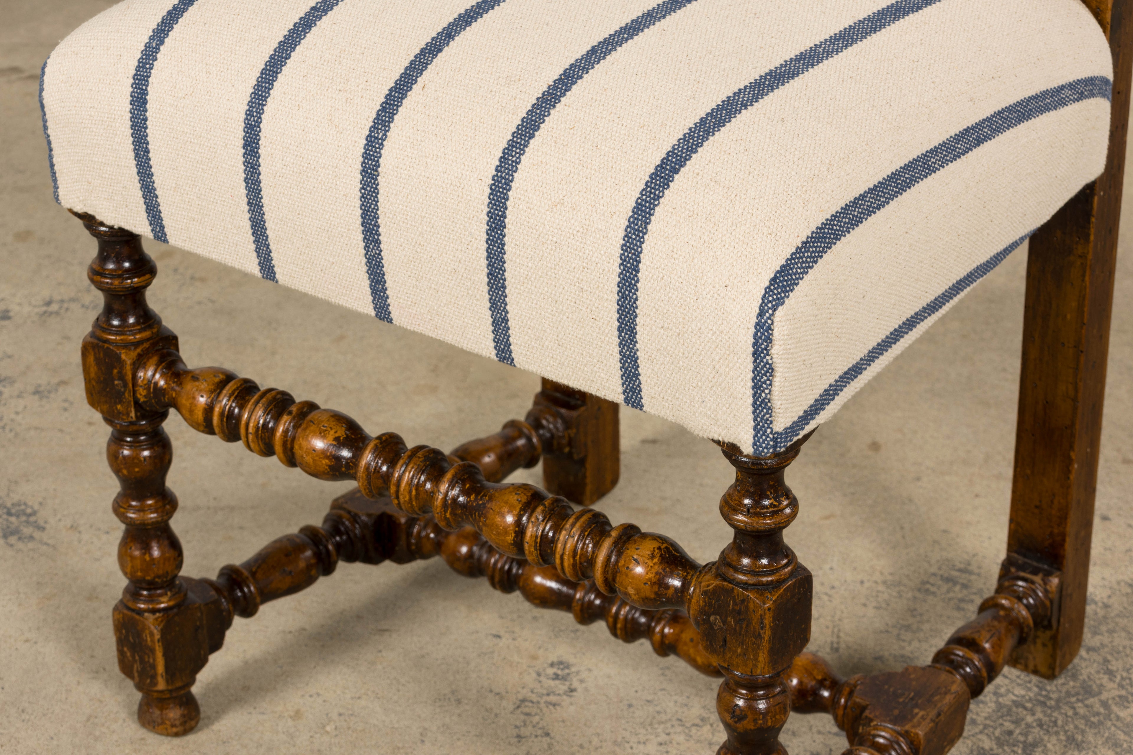 Late 19th Century French Louis XIII Dining Chairs in Blue Striped Jacquard, Set of 12