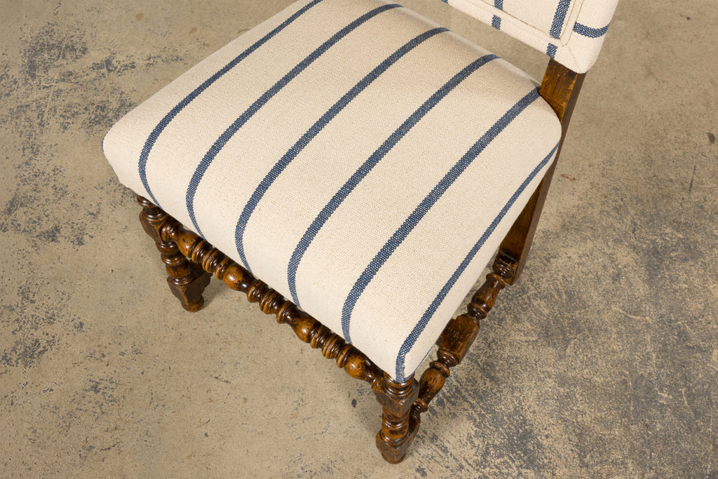 Late 19th Century French Louis XIII Dining Chairs in Blue Striped Jacquard, Set of 12