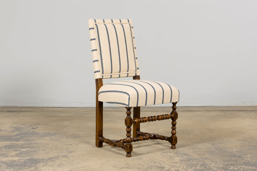 Late 19th Century French Louis XIII Dining Chairs in Blue Striped Jacquard, Set of 12