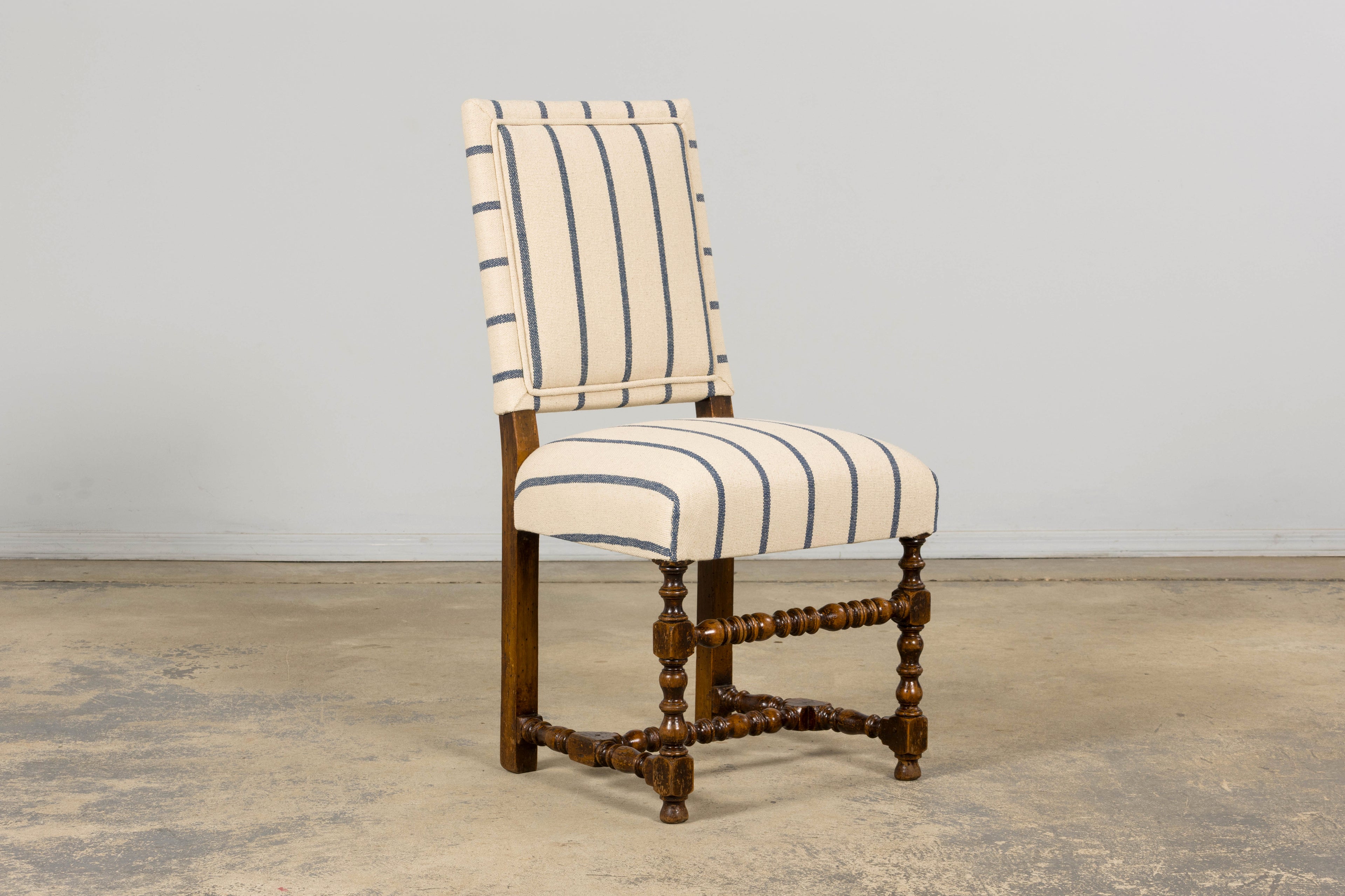 Late 19th Century French Louis XIII Dining Chairs in Blue Striped Jacquard, Set of 12