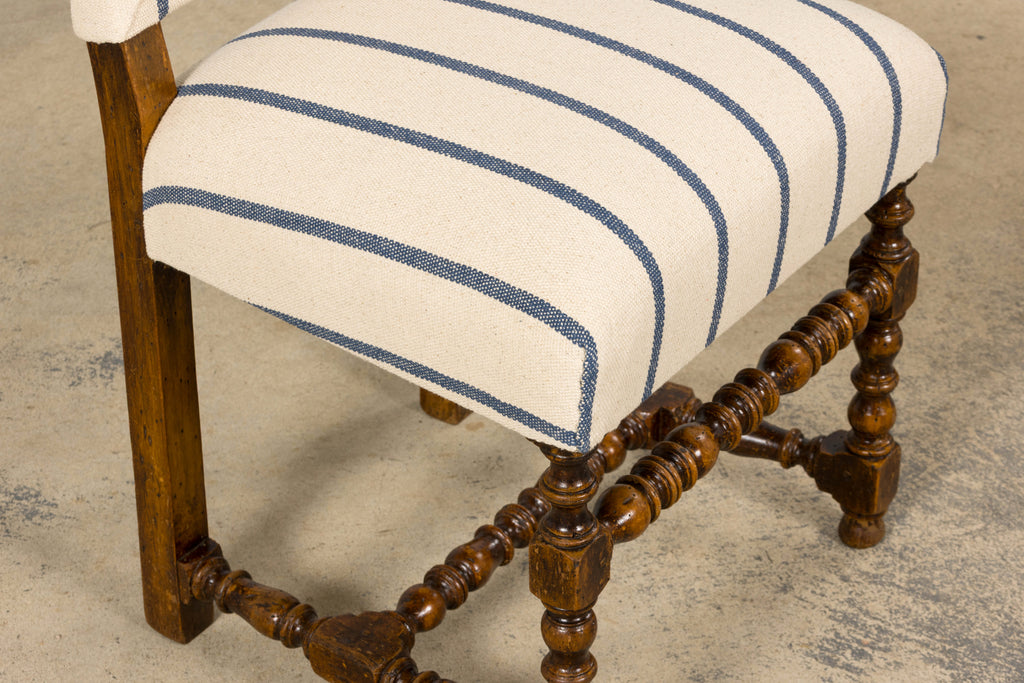 Late 19th Century French Louis XIII Dining Chairs in Blue Striped Jacquard, Set of 12