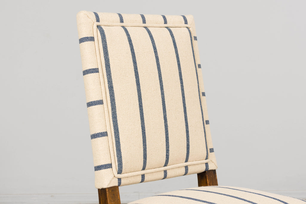 Late 19th Century French Louis XIII Dining Chairs in Blue Striped Jacquard, Set of 12