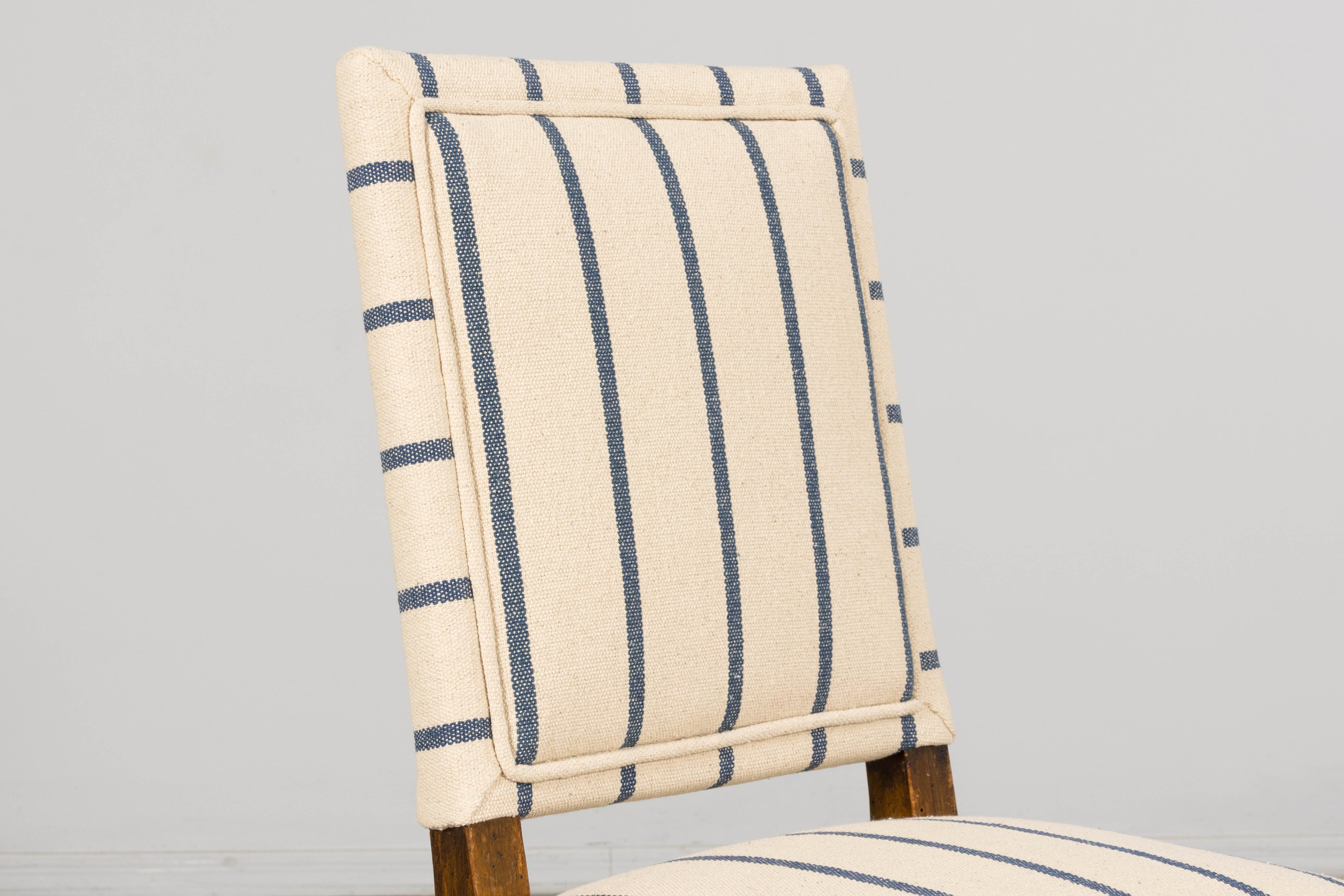 Late 19th Century French Louis XIII Dining Chairs in Blue Striped Jacquard, Set of 12