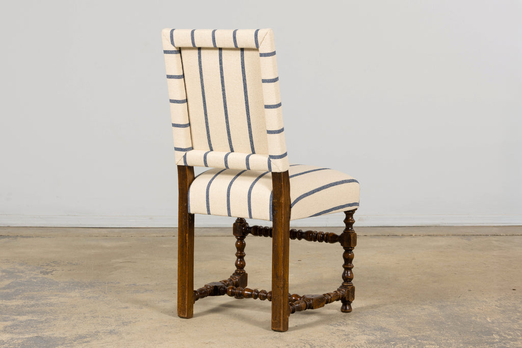 Late 19th Century French Louis XIII Dining Chairs in Blue Striped Jacquard, Set of 12