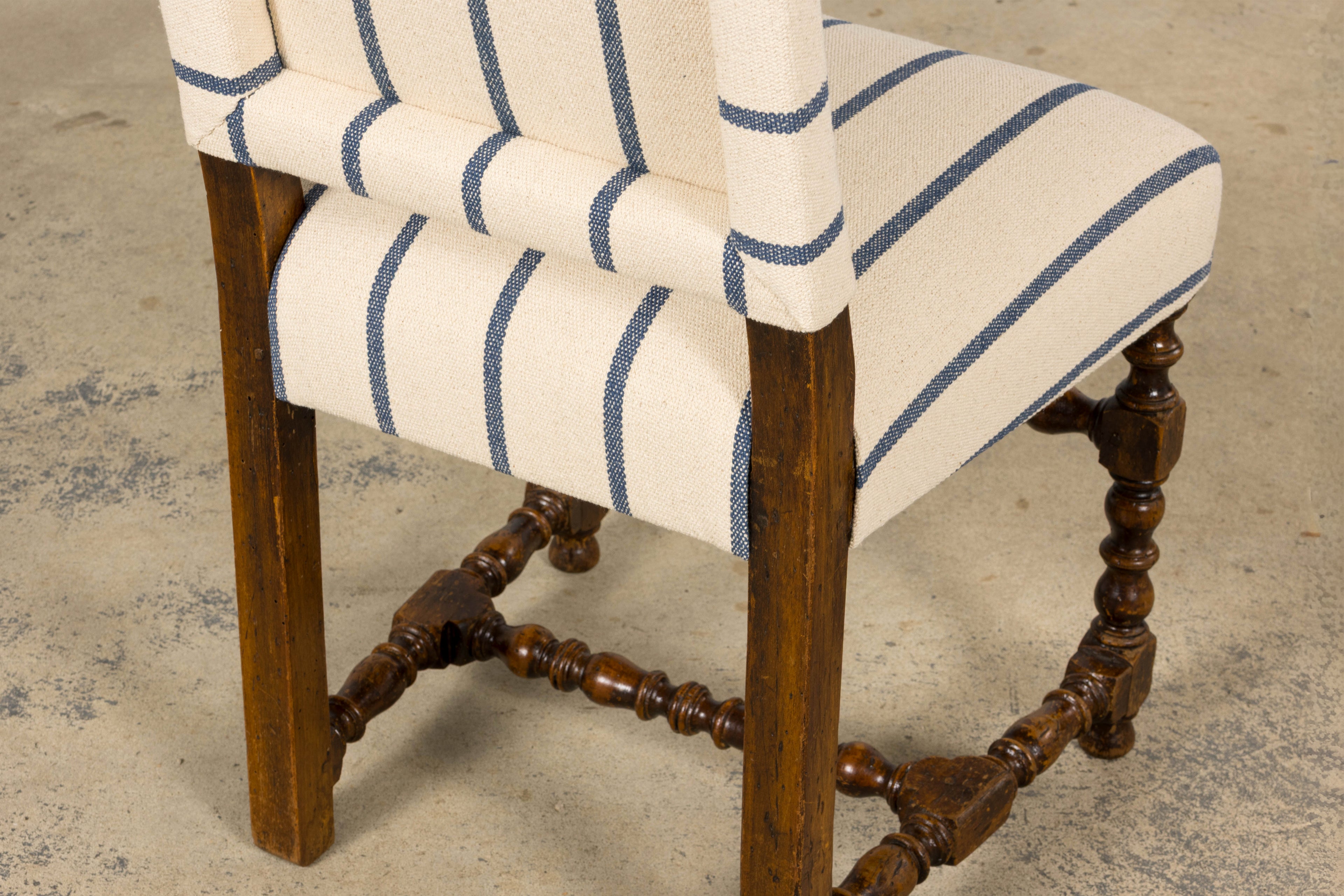 Late 19th Century French Louis XIII Dining Chairs in Blue Striped Jacquard, Set of 12