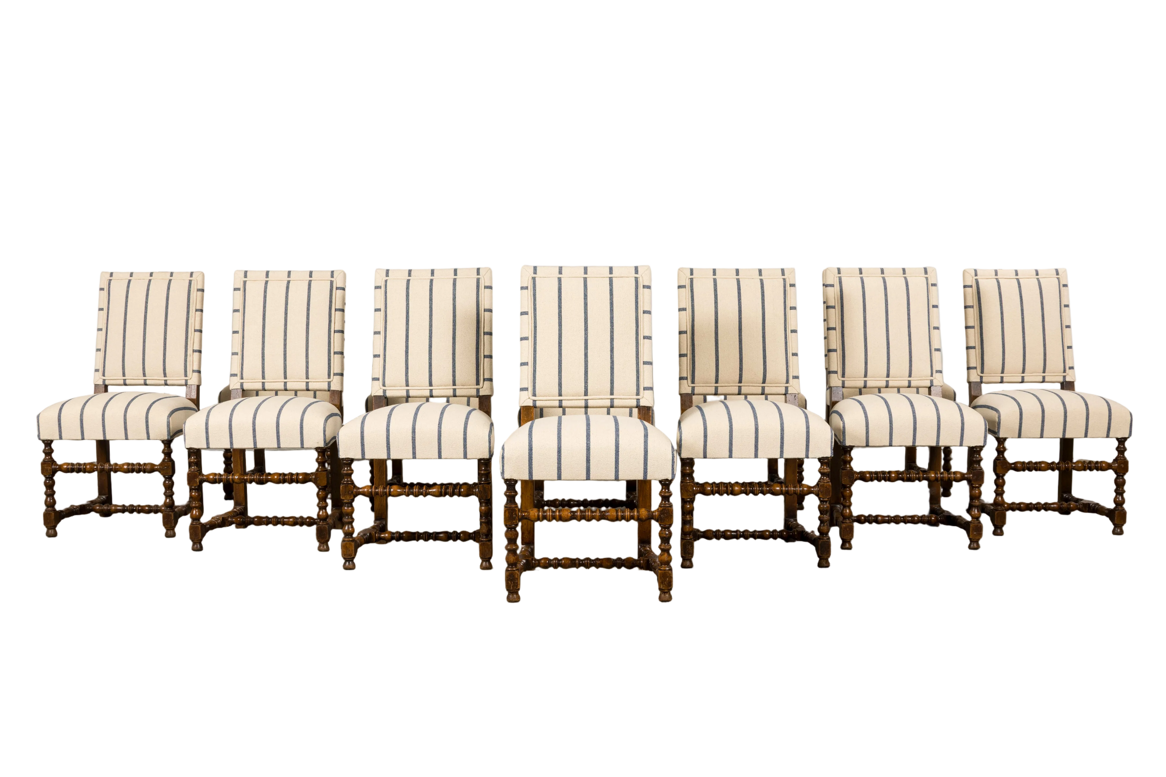 Late 19th Century French Louis XIII Dining Chairs in Blue Striped Jacquard, Set of 12