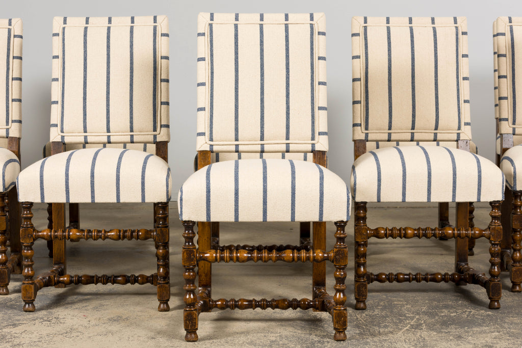Late 19th Century French Louis XIII Dining Chairs in Blue Striped Jacquard, Set of 12