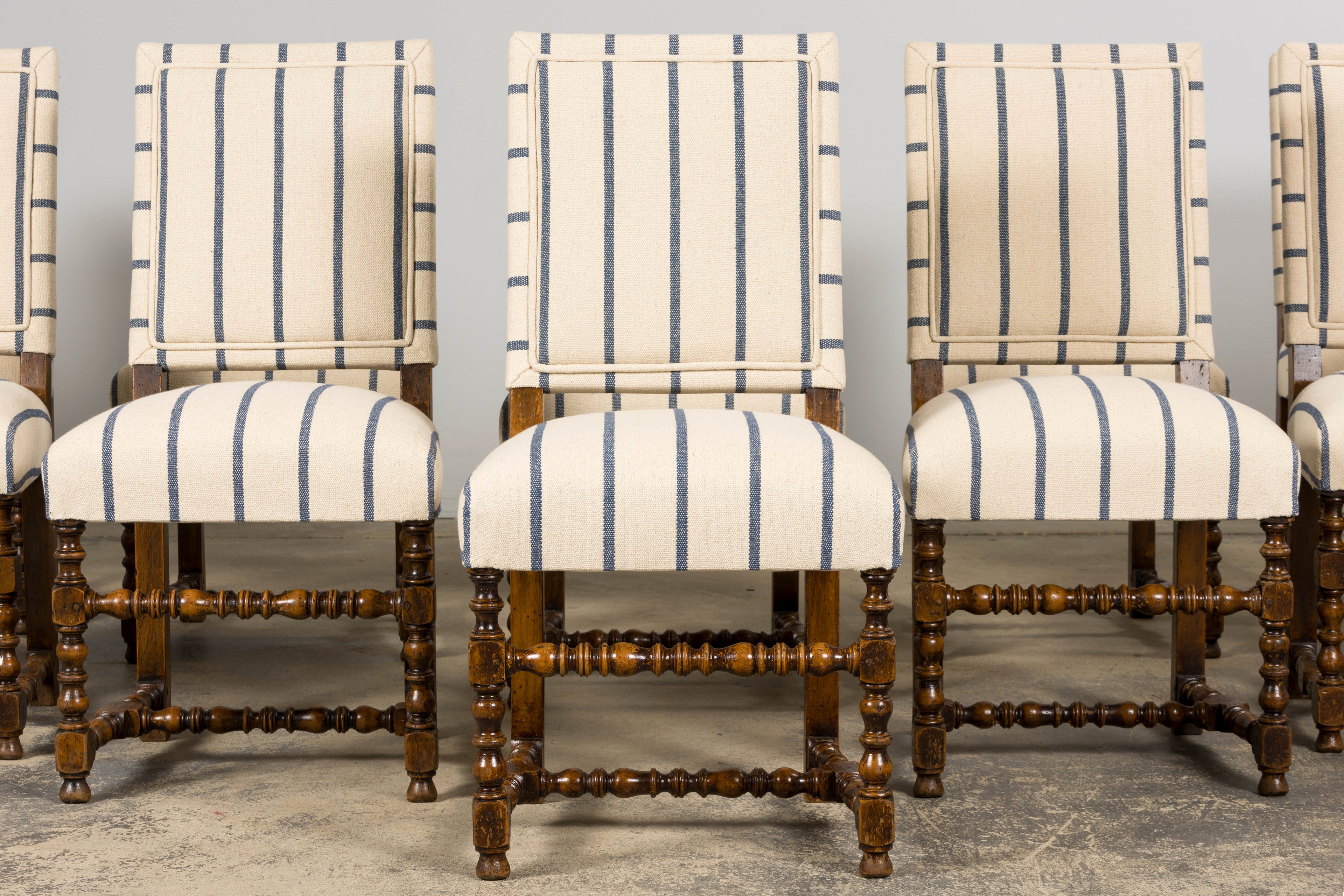 Late 19th Century French Louis XIII Dining Chairs in Blue Striped Jacquard, Set of 12