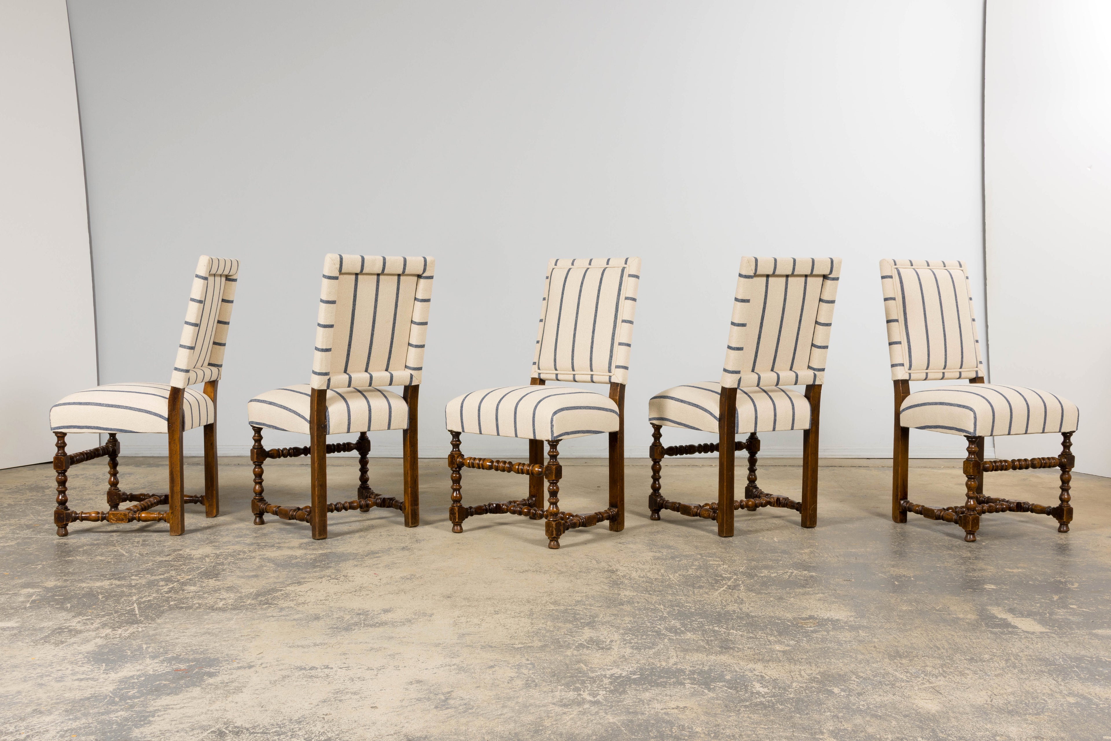 Late 19th Century French Louis XIII Dining Chairs in Blue Striped Jacquard, Set of 12