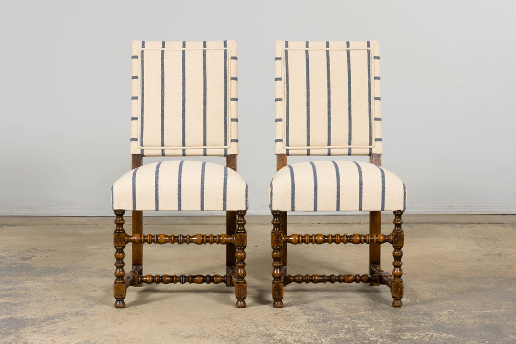 Late 19th Century French Louis XIII Dining Chairs in Blue Striped Jacquard, Set of 12