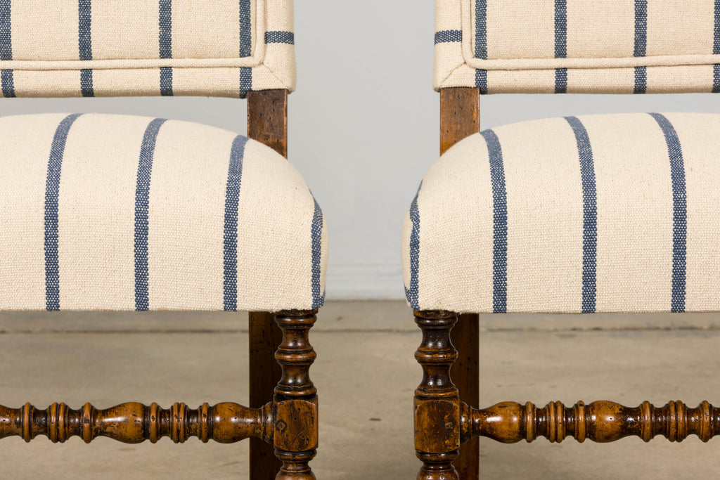 Late 19th Century French Louis XIII Dining Chairs in Blue Striped Jacquard, Set of 12