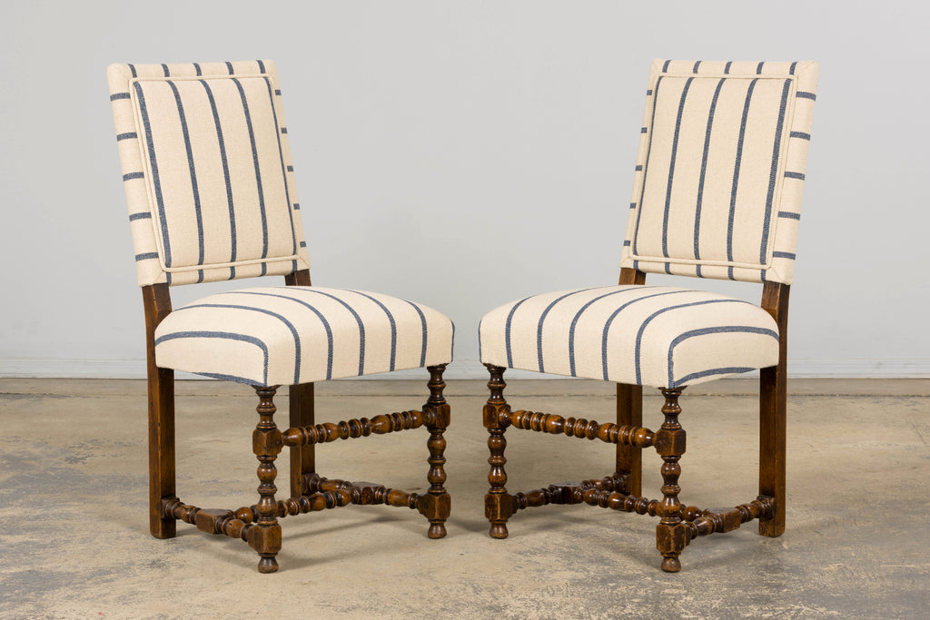 Late 19th Century French Louis XIII Dining Chairs in Blue Striped Jacquard, Set of 12