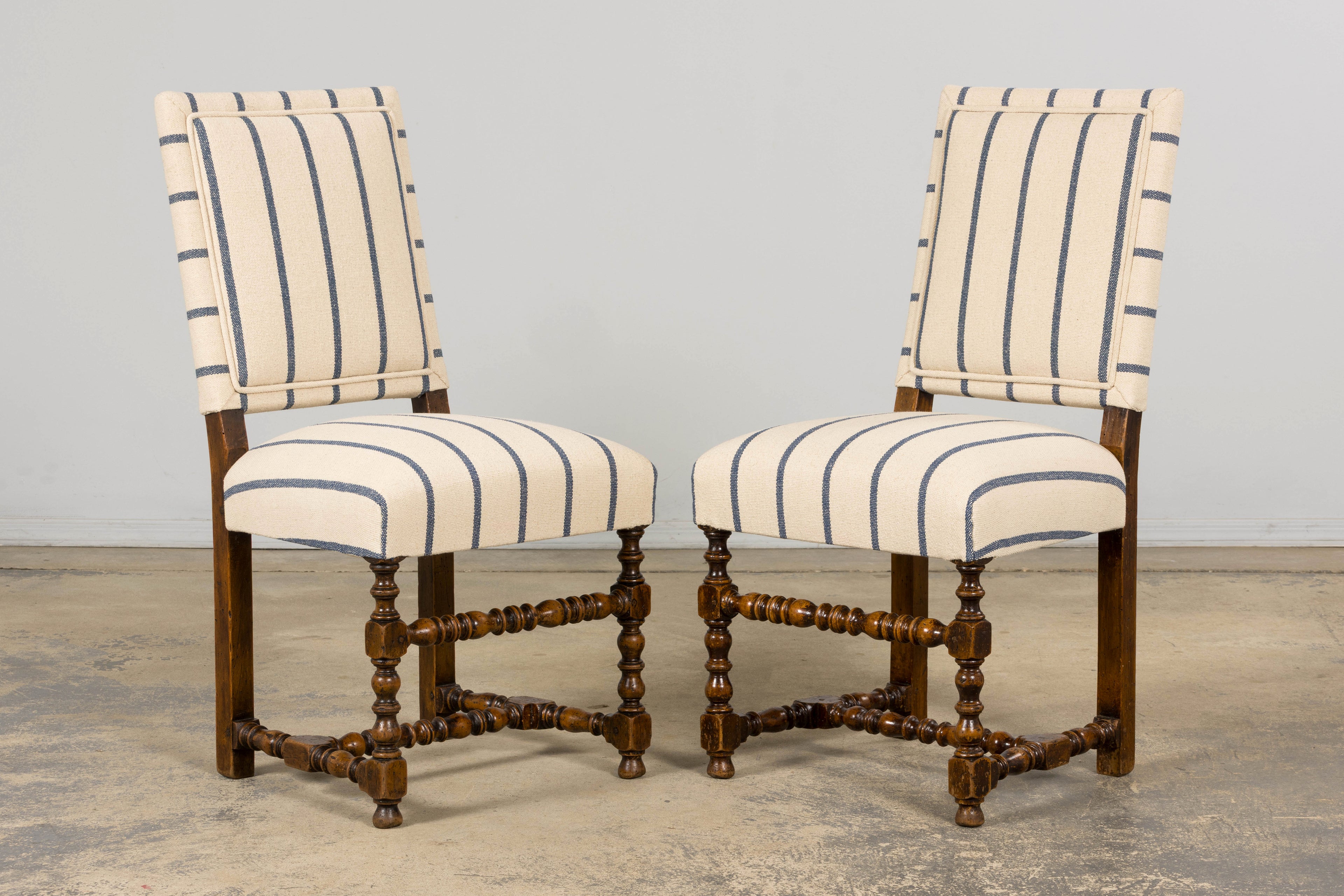Late 19th Century French Louis XIII Dining Chairs in Blue Striped Jacquard, Set of 12