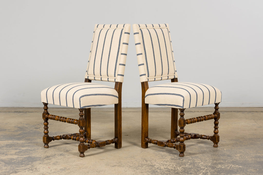 Late 19th Century French Louis XIII Dining Chairs in Blue Striped Jacquard, Set of 12