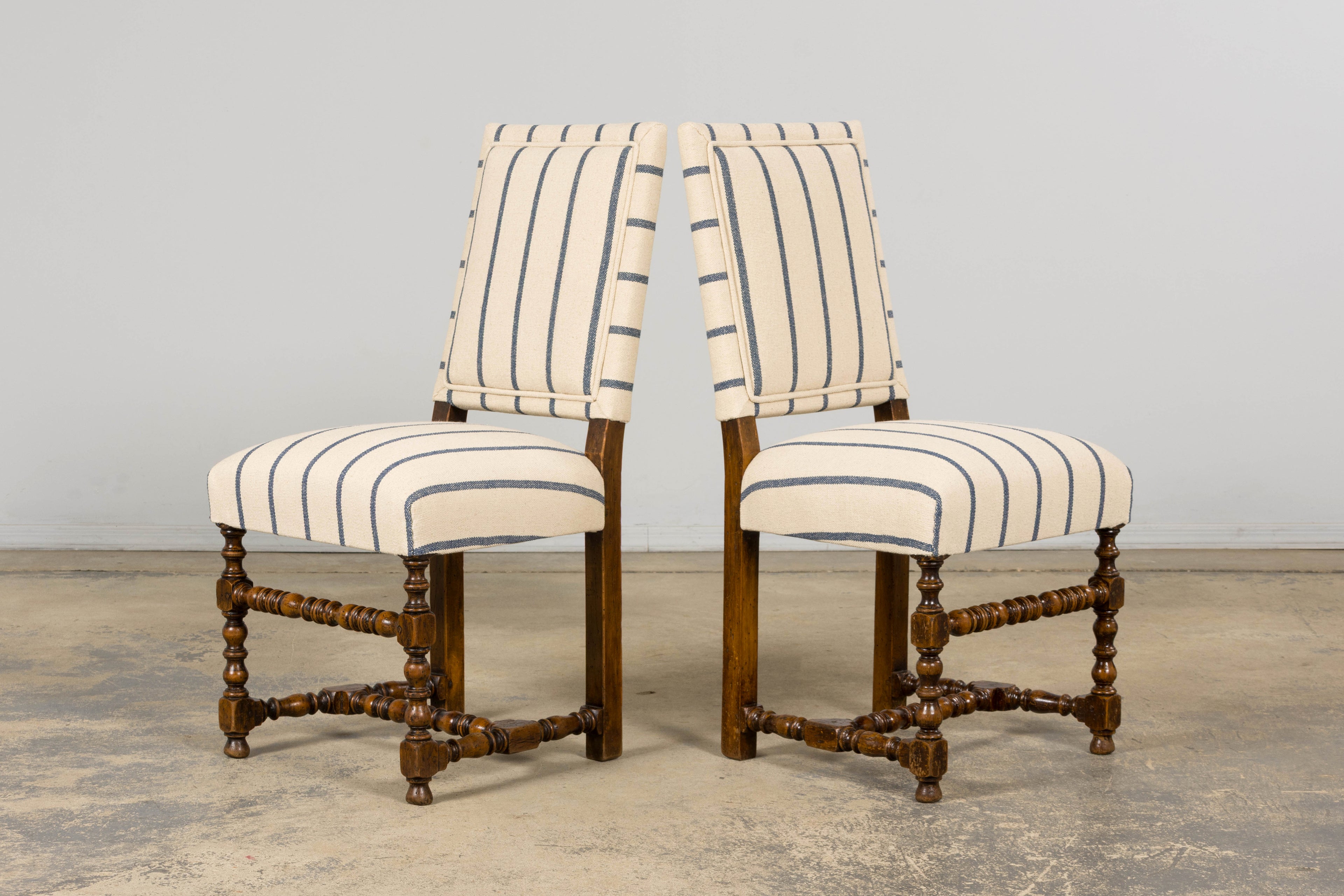 Late 19th Century French Louis XIII Dining Chairs in Blue Striped Jacquard, Set of 12